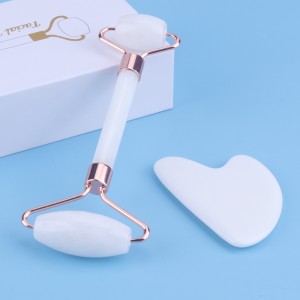Custom Natural Rose Quartaz White Jade Eye Face Roller en Gua Sha Tools Set verpakking